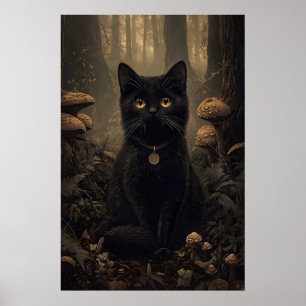 Schwarze Katze in einem dunklen Herbstwald mit Pil Poster