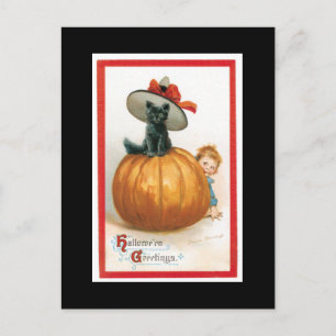 Schwarze Katze in einem Halloween-Hut Postkarte