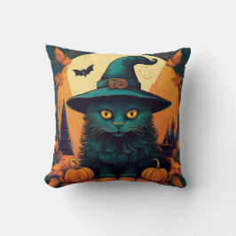 Schwarze Katze in einem Hexenhut Kissen