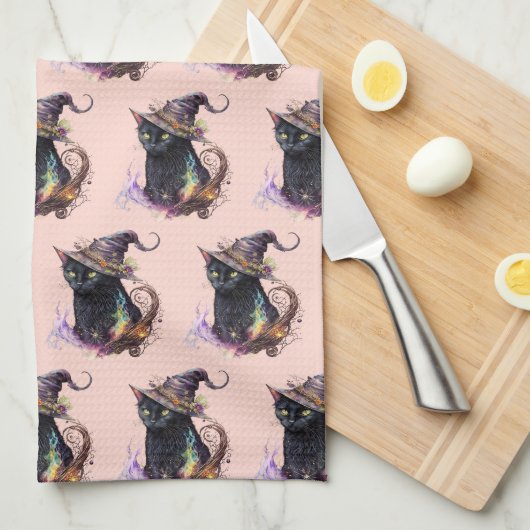 Schwarze Katze in einem Hexenhut Orange Halloween Geschirrtuch (Viertel Falte)