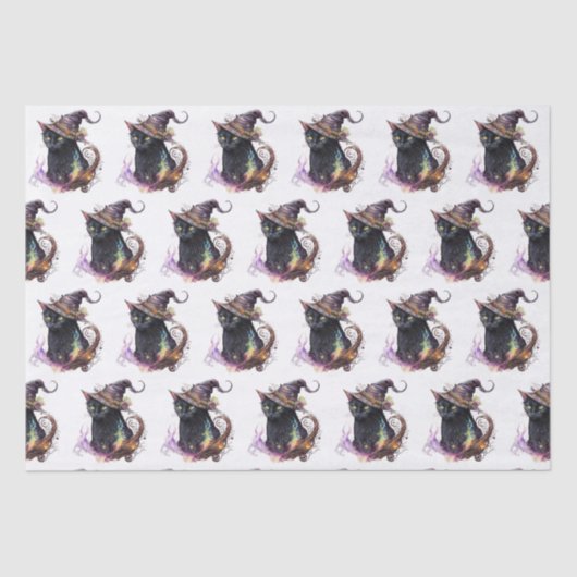 Schwarze Katze in einem Hexenhut Weißes Halloween Seidenpapier (Vorderseite)