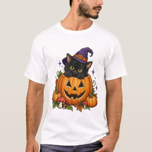 Schwarze Katze in einem Kürbis-Hexenhut Gruselig s T-Shirt