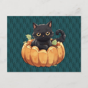 Schwarze Katze in einem Kürbis Süße Halloween-Grüß Feiertagspostkarte