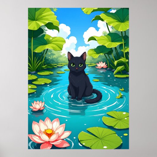 Schwarze Katze in einem Lilienteich Poster (Vorne)