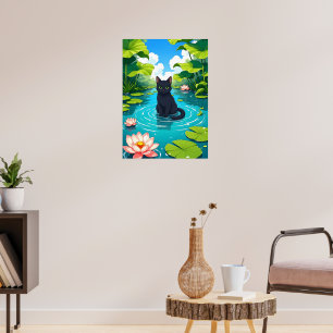 Schwarze Katze in einem Lilienteich Poster
