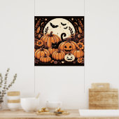 Schwarze Katze in einem Pumpkinpflaster Poster (Küche)