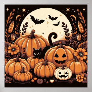 Schwarze Katze in einem Pumpkinpflaster Poster