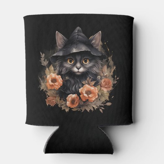 Schwarze Katze in einem Schwarzen Hexenhut Hallowe Dosenkühler (Rückseite)