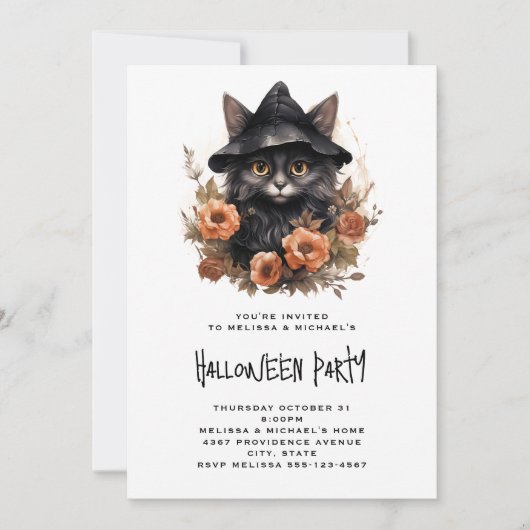 Schwarze Katze in einem Schwarzen Hexenhut Hallowe Einladung (Vorderseite)