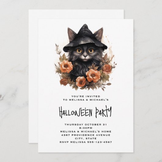 Schwarze Katze in einem Schwarzen Hexenhut Hallowe Einladung (Vorne/Hinten)