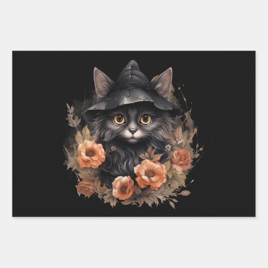 Schwarze Katze in einem Schwarzen Hexenhut Hallowe Geschenkpapier Set (Vorderseite 3)