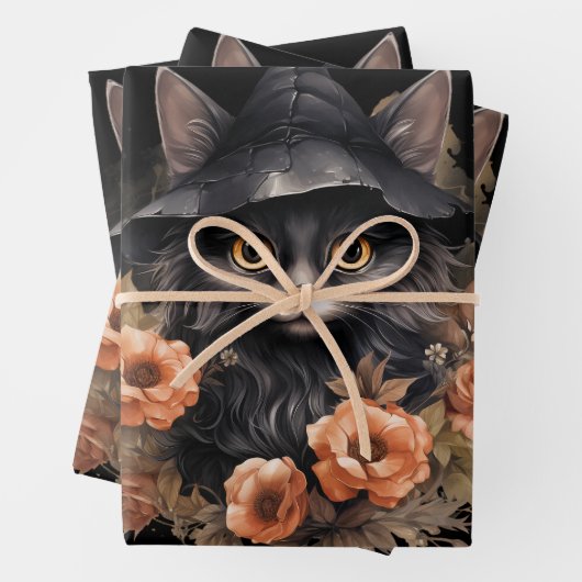 Schwarze Katze in einem Schwarzen Hexenhut Hallowe Geschenkpapier Set (Beispiel)