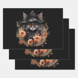 Schwarze Katze in einem Schwarzen Hexenhut Hallowe Geschenkpapier Set