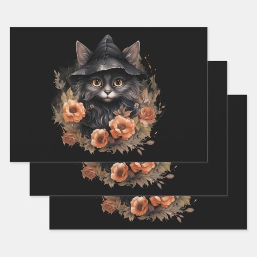 Schwarze Katze in einem Schwarzen Hexenhut Hallowe Geschenkpapier Set (Set)