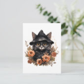 Schwarze Katze in einem Schwarzen Hexenhut Hallowe Postkarte (Stehend Vorderseite)