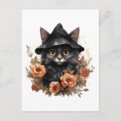 Schwarze Katze in einem Schwarzen Hexenhut Hallowe Postkarte (Vorderseite)