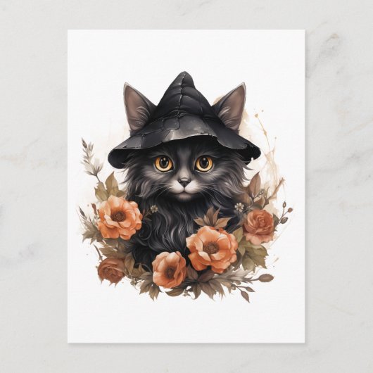 Schwarze Katze in einem Schwarzen Hexenhut Hallowe Postkarte (Vorderseite)
