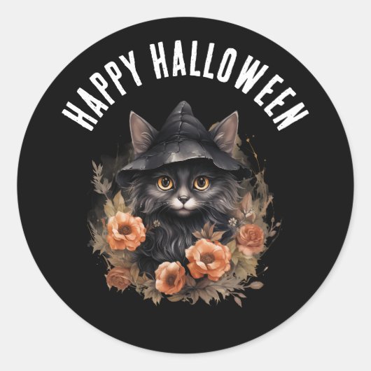 Schwarze Katze in einem Schwarzen Hexenhut Hallowe Runder Aufkleber (Vorderseite)
