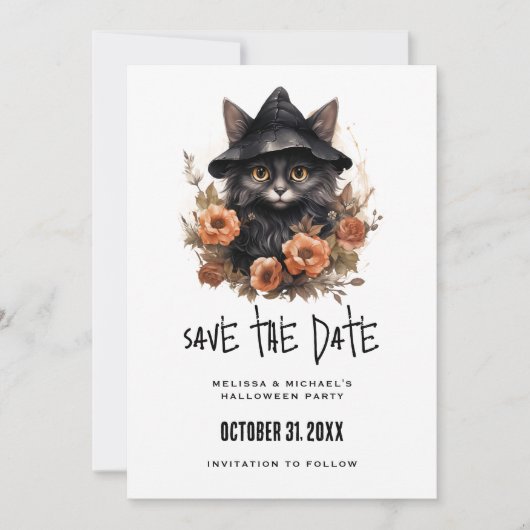 Schwarze Katze in einem Schwarzen Hexenhut Hallowe Save The Date (Vorderseite)