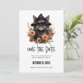 Schwarze Katze in einem Schwarzen Hexenhut Hallowe Save The Date (Stehend Vorderseite)