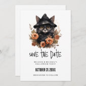Schwarze Katze in einem Schwarzen Hexenhut Hallowe Save The Date (Vorne/Hinten)