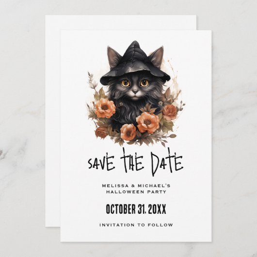 Schwarze Katze in einem Schwarzen Hexenhut Hallowe Save The Date (Vorne/Hinten)