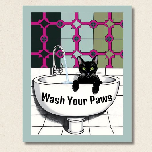 Schwarze Katze in einem Sink, Waschraum, Pfoten wa Poster