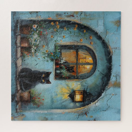 Schwarze Katze in einer blauen Alcove Puzzle (Horizontal)