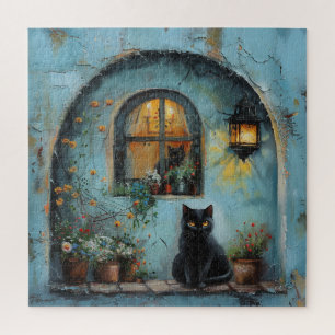 Schwarze Katze in einer blauen Alcove Puzzle