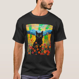 Schwarze Katze in einer Blume Fields Van Gogh Cat  T-Shirt