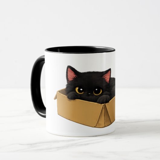 Schwarze Katze in einer Box Tasse (Vorderseite Links)