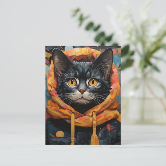 Schwarze Katze in einer Jacke Postkarte (Stehend Vorderseite)