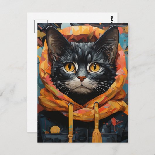 Schwarze Katze in einer Jacke Postkarte (Vorne/Hinten)