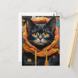 Schwarze Katze in einer Jacke Postkarte