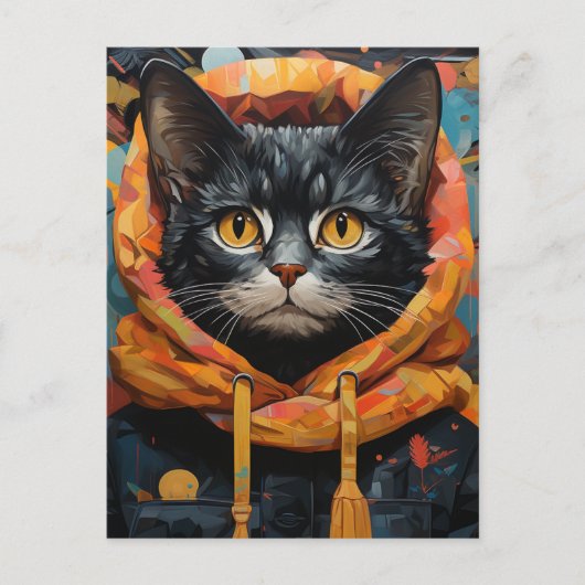 Schwarze Katze in einer Jacke Postkarte (Vorderseite)