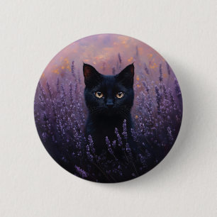 Schwarze Katze in einer Lavenderfelddarstellung Button
