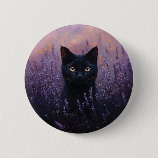 Schwarze Katze in einer Lavenderfelddarstellung Button (Vorderseite)