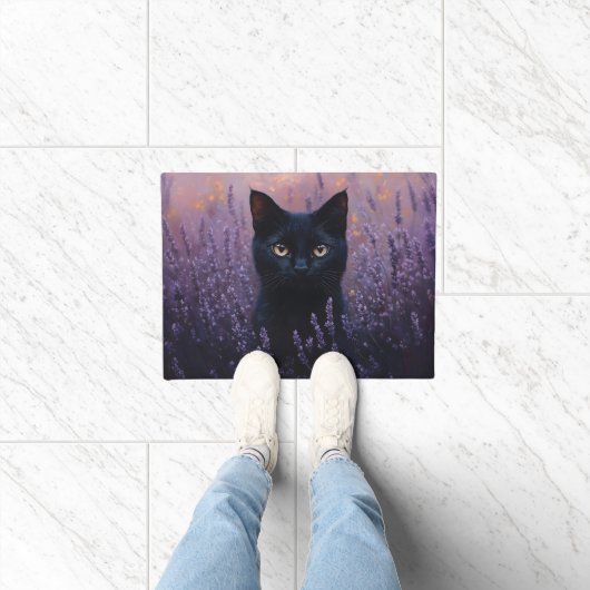 Schwarze Katze in einer Lavenderfelddarstellung Fußmatte (Indoor)