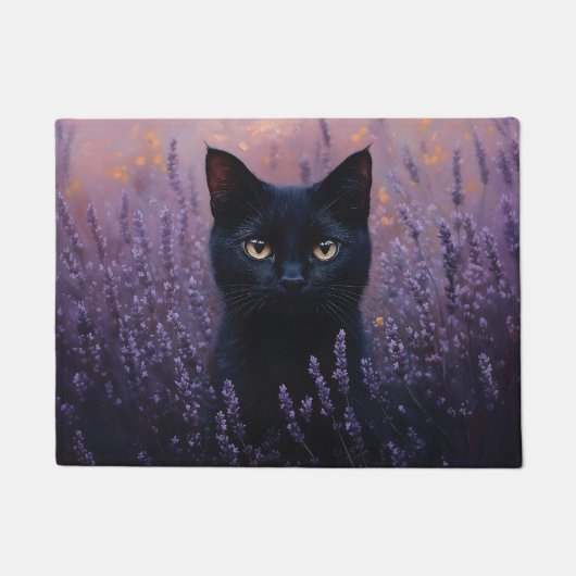 Schwarze Katze in einer Lavenderfelddarstellung Fußmatte (Vorderseite)