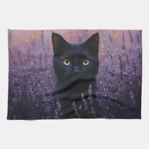 Schwarze Katze in einer Lavenderfelddarstellung Geschirrtuch
