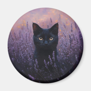 Schwarze Katze in einer Lavenderfelddarstellung Magnet