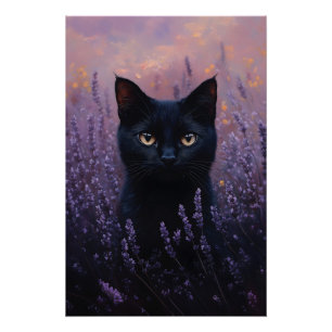 Schwarze Katze in einer Lavenderfelddarstellung Poster