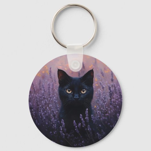 Schwarze Katze in einer Lavenderfelddarstellung Schlüsselanhänger (Vorderseite)