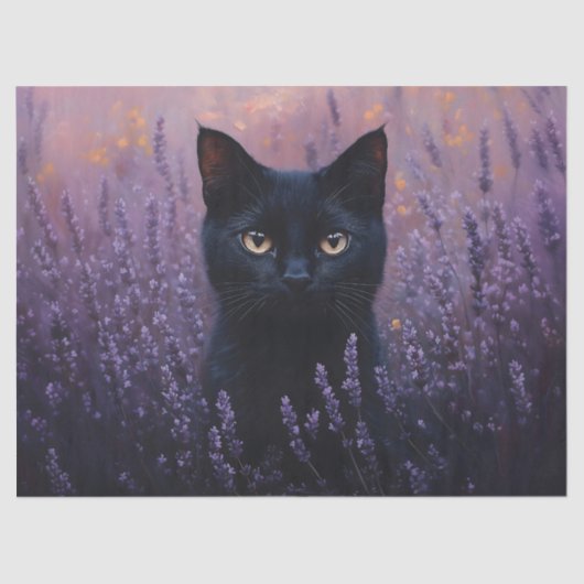 Schwarze Katze in einer Lavenderfelddarstellung Seidenpapier (Vorderseite)