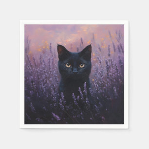 Schwarze Katze in einer Lavenderfelddarstellung Serviette