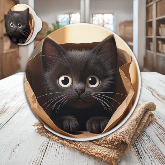 Schwarze Katze in einer Papiertasche Keramikknauf