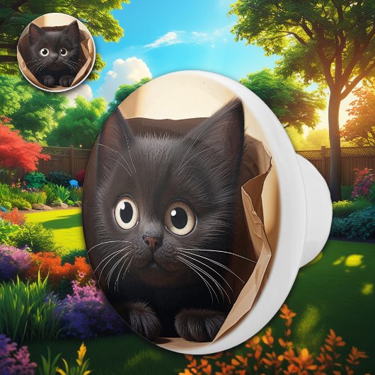 Schwarze Katze in einer Papiertasche Keramikknauf