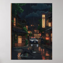 Schwarze Katze in einer regenreichen Neon-Japanisc