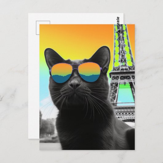 Schwarze Katze in einer Sonnenbrille in Paris Postkarte (Vorne/Hinten)