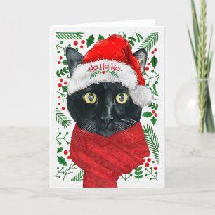 Schwarze Katze in einer Weihnachtsmannmütze Meowy  Feiertagskarte